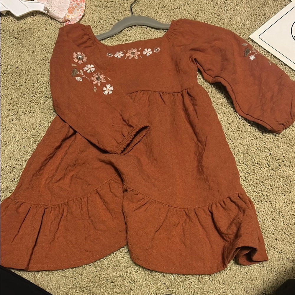Little Co. Rust Orange Dress with Floral Embroidery